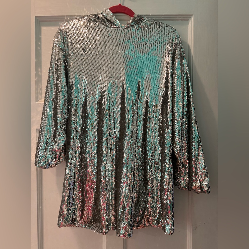 Ontwelfth Silver Sequin Long Sleeve Hooded Mini Dress